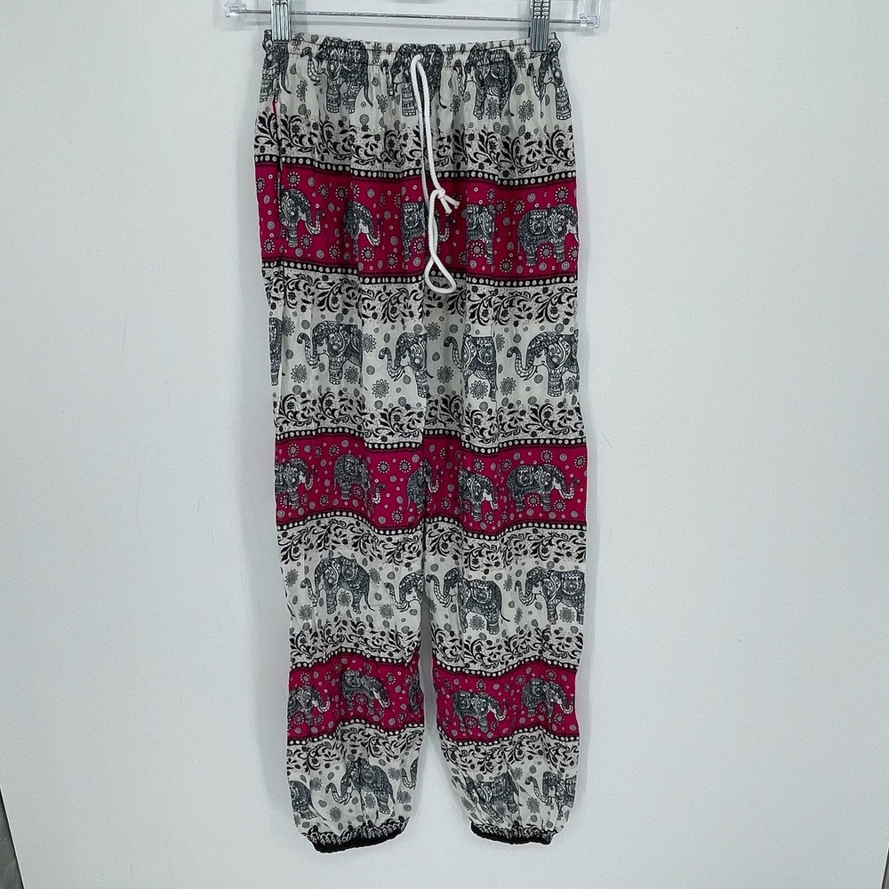 Women's Pink Black Elephant Print Cotton Relaxed Fit Bohemian Harem Pants Size M